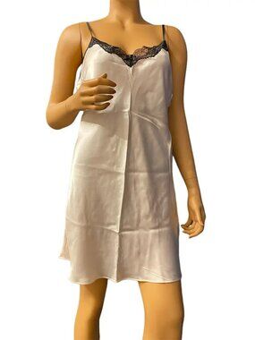 Linea Donatella Satin Chemise Nightgown Bisque Black Lace Trim